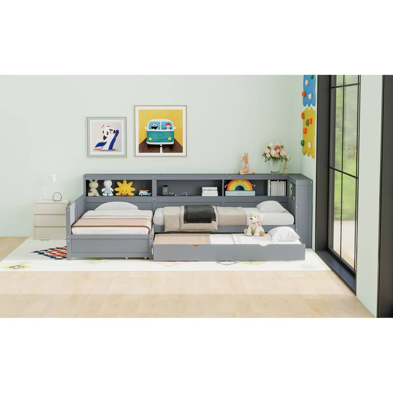 Wood Twin Size L-Shaped Platform Bed With Trundle And A Drawer