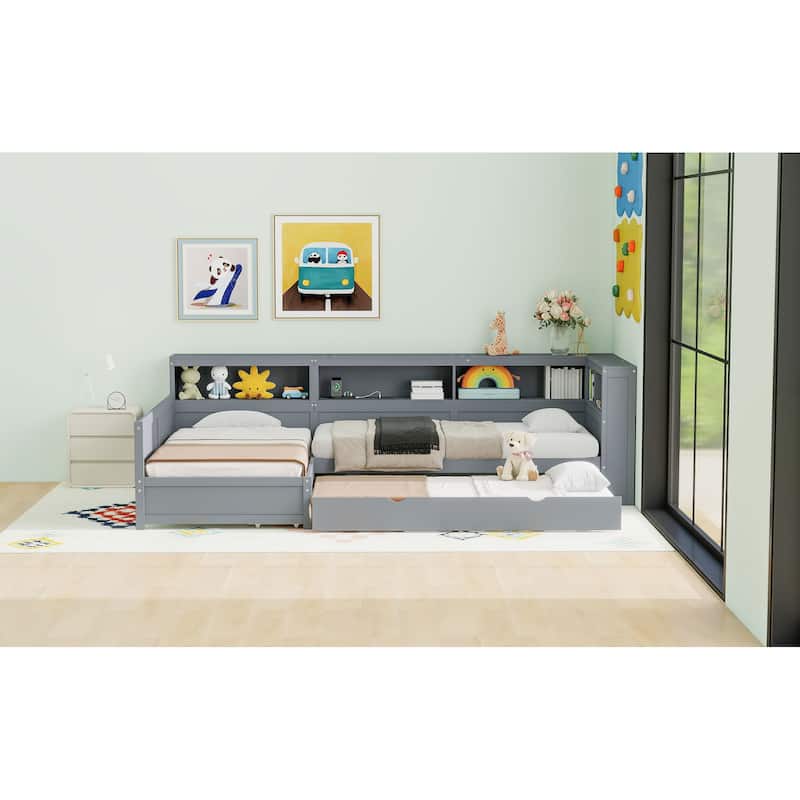 Wood Twin Size L-shaped Platform Bed with Trundle and a Drawer, White