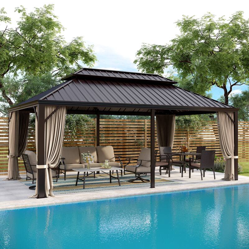 MAISON ARTS 14x20' Hardtop Aluminum Galvanized Steel Double Roof Gazebo with Netting & Curtains - 12X20'