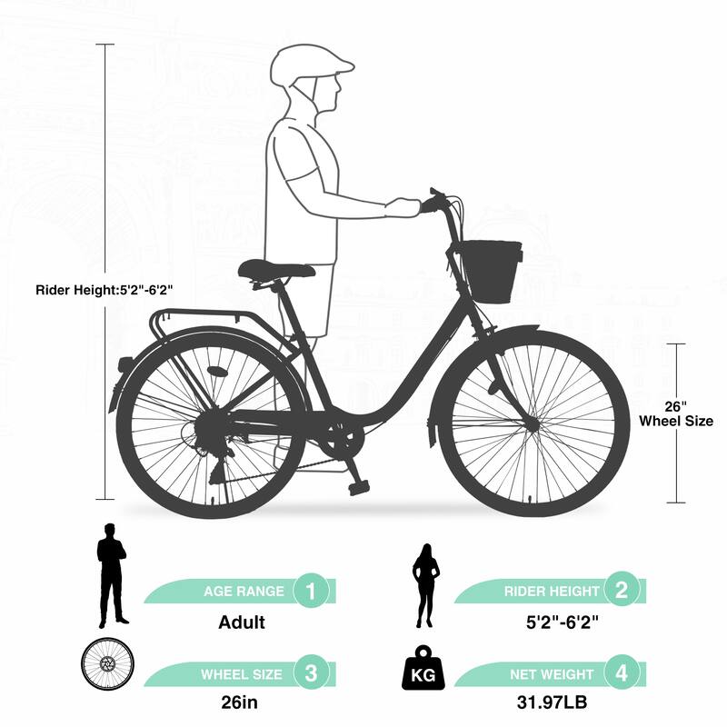 7-Speed City Bike for Women with Basket, 26 Inch Steel Frame, Comfortable Grips, Shimano Shifter, Multiple Colors