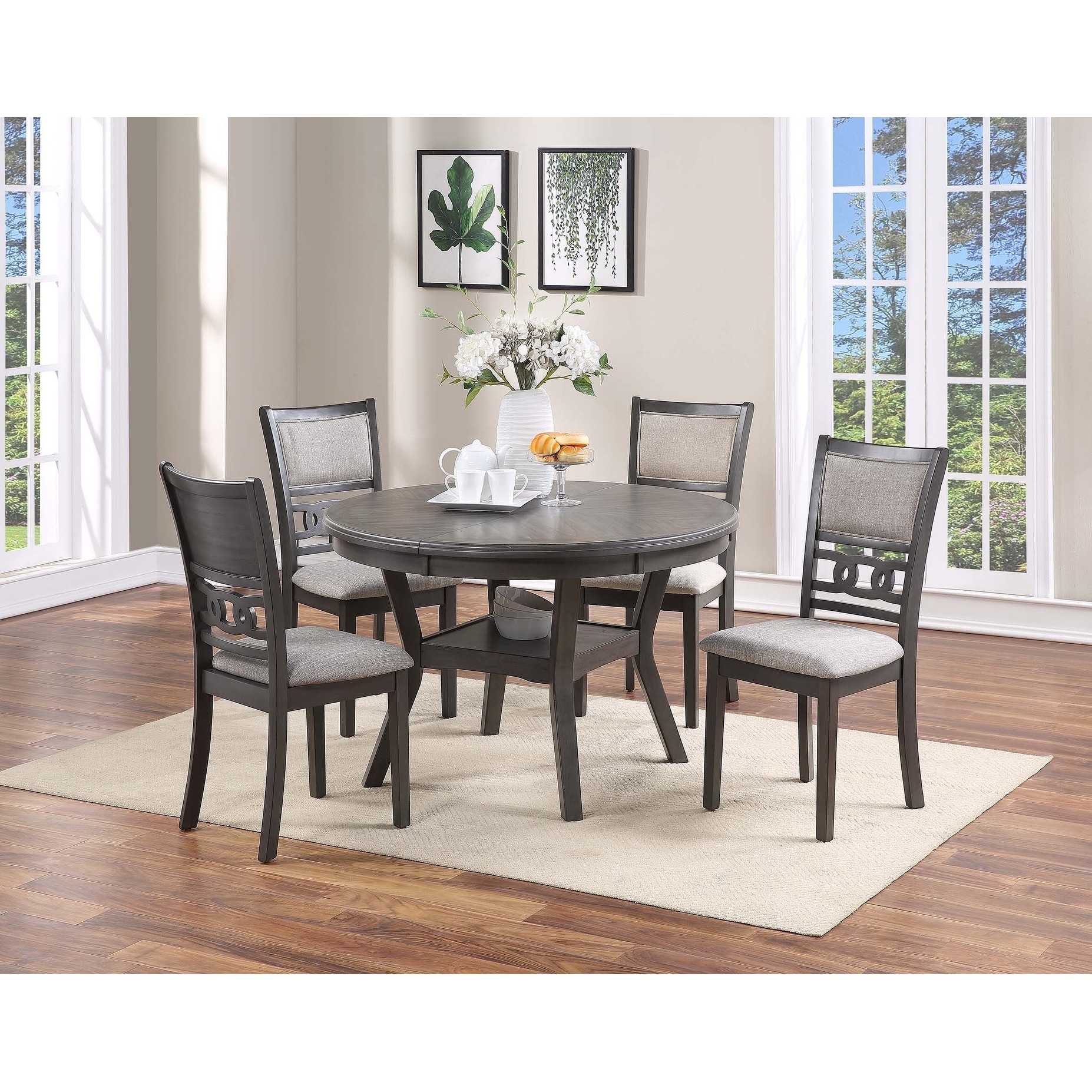 Gray Finish Dining Table Set 5pc Round Table Open Shelf
