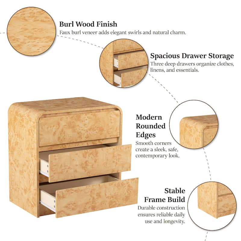 COZAYH Farmhouse Wood Nightstand, Rounded Edge Modern & Mid-Century Dresser, Burl Wood Finish in Natural
