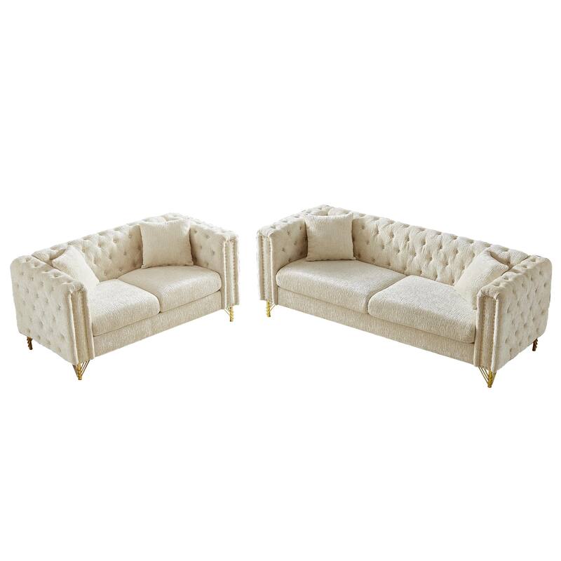 2-Pieces 5-Seat Chenille Chesterfield Sofa Set with Tufted Back & Copper Nail Trim