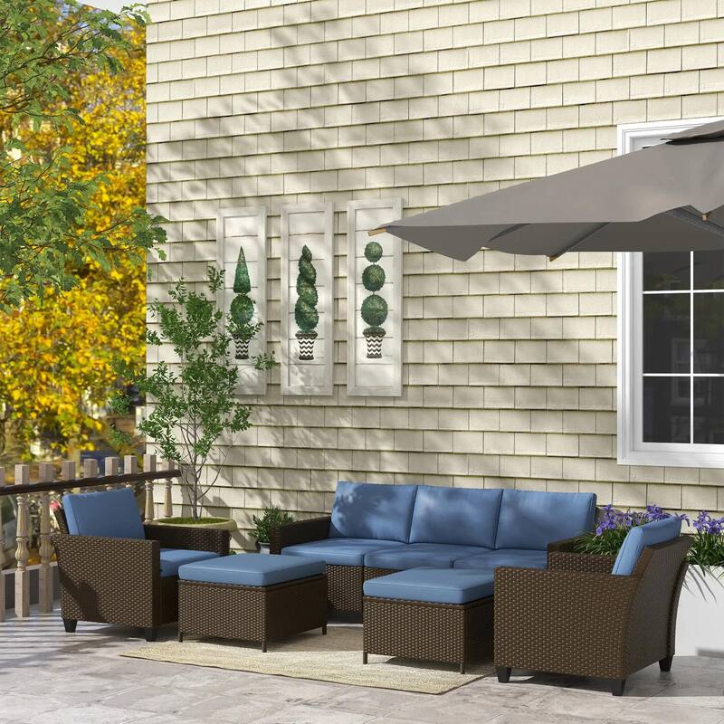 5PC PE Rattan Patio Set, Armchairs, Footstools, Cushions