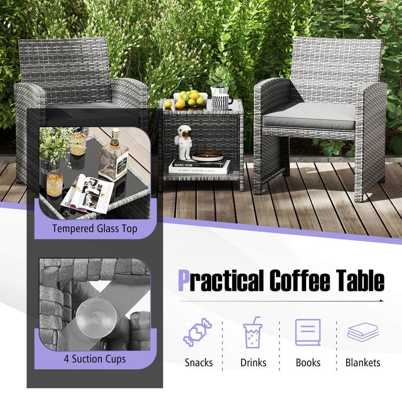 Costway 3 PCS Patio Furniture Set with Tempered Glass Coffee Table & - See Details