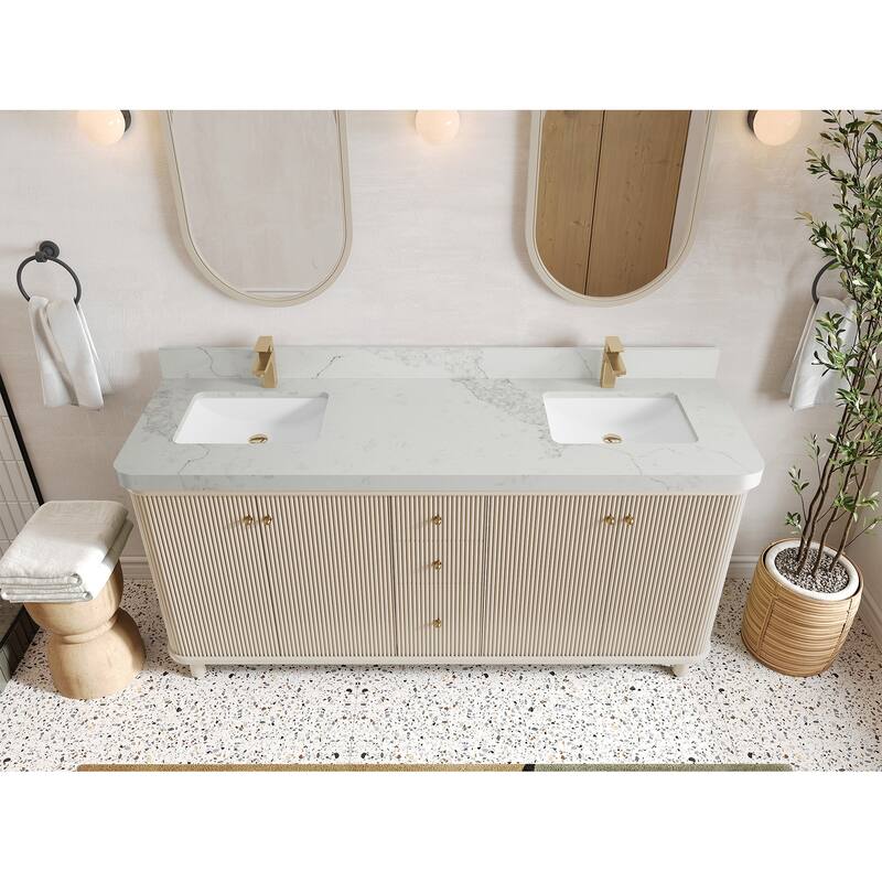 Willow Collections 72 in. W x 22 in. D Reeded Miami Double Bowl Sink Bathroom Vanity with Countertop - 2”Calacatta Nuvo - Fine Grain