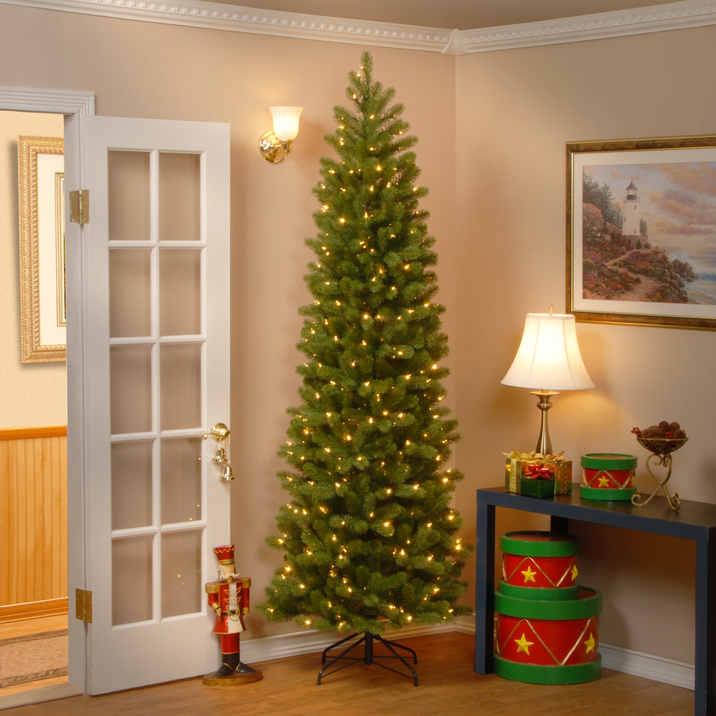National Tree Company 9 ft. Downswept Douglas Fir Pencil Slim Tree w/Dual Color LED Lights - 9'