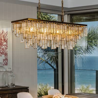 4-Light Mid-Century Modern Matte Gold Water Glass Fringe Chandelier for Dining Room