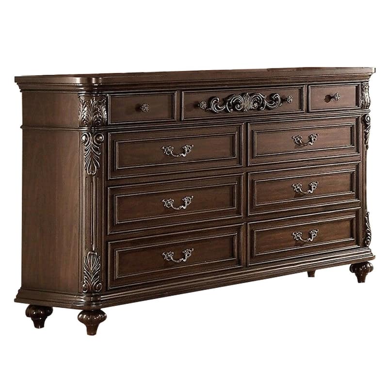 Nine Drawers Wooden Dresser with Molded Details, Brown