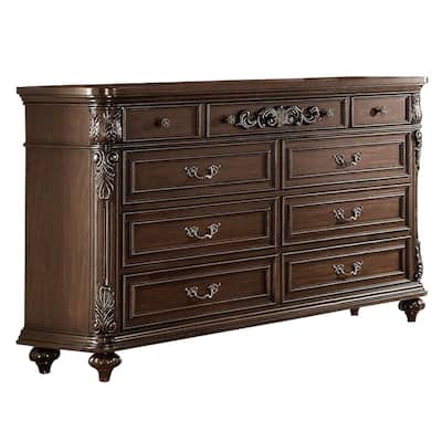 Nine Drawers Wooden Dresser with Molded Details, Brown