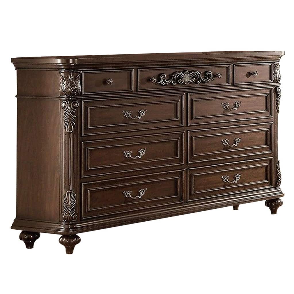 Nine Drawers Wooden Dresser with Molded Details, Brown