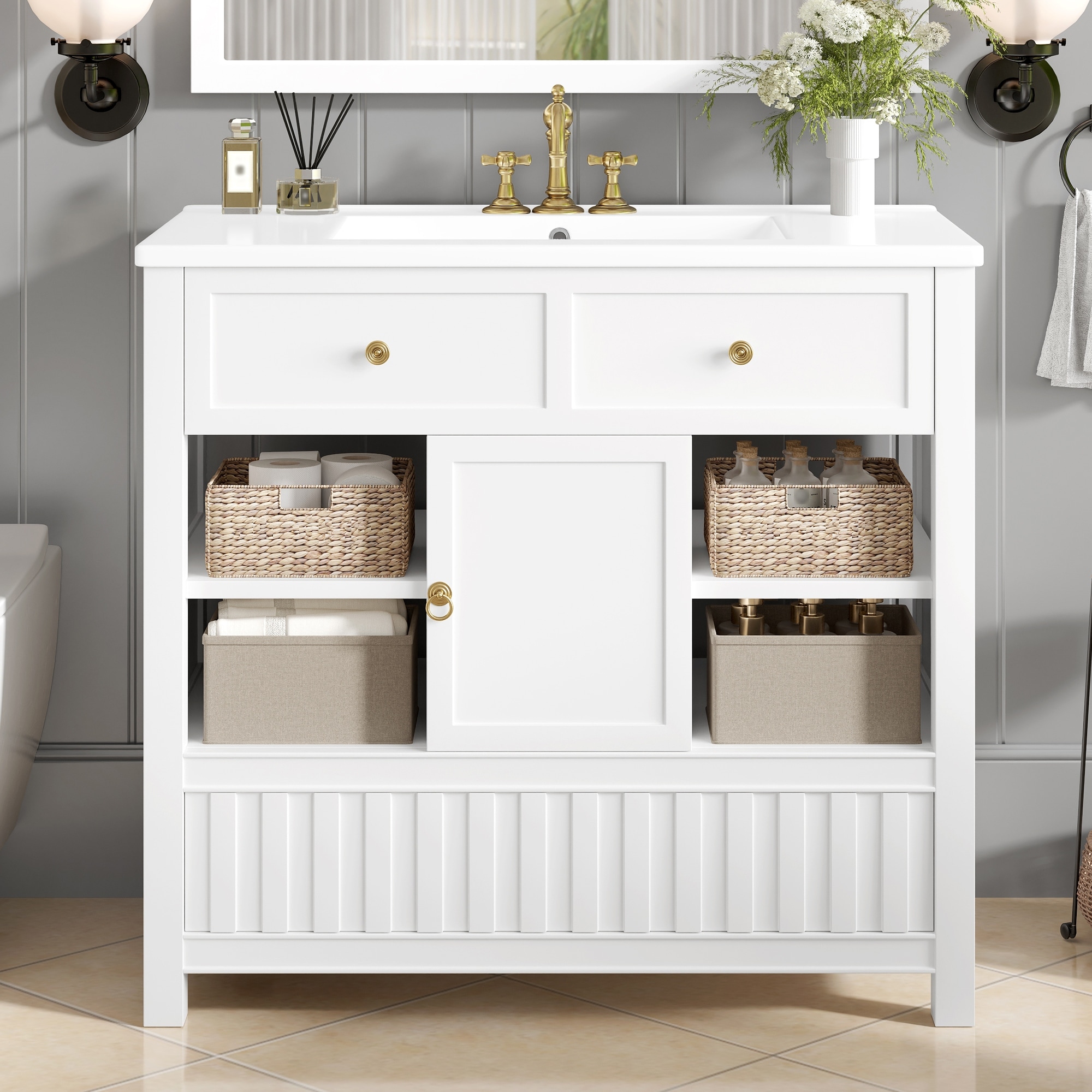 36" Bathroom Vanity with Sink – Multi-Functional Cabinet with Doors, Storage Shelves & Drawers. - 36"