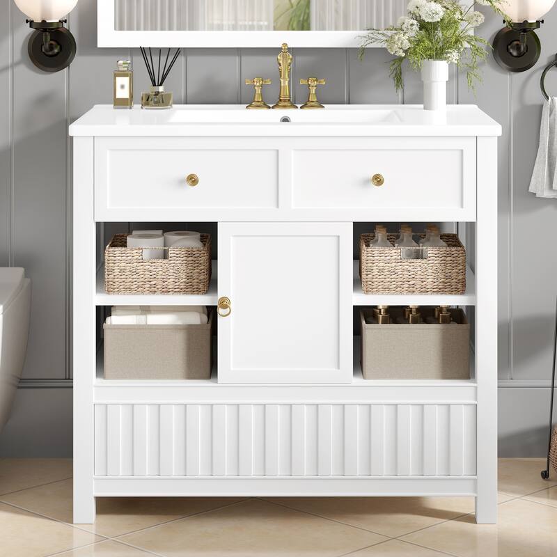 36" Bathroom vanity with sink, multi-functional bathroom cabinet with doors and storage shelves, featuring drawers