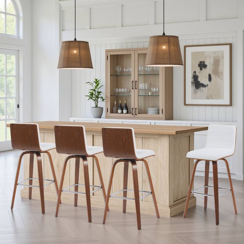 Skara Swivel Bar Stool, Upholstered Bar Height Chair with Bentwood Frame - White Faux Leather & Walnut - Set of 4