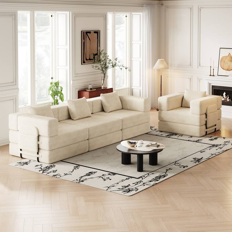 Corduroy Modular Sleeper Sofa Bed with Side Pockets and Anti-slip Pads