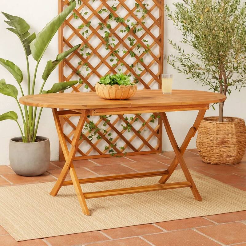 Outdoor Folding Dining Table, Slatted, X Legs, 63 Inch Brown Wood - Natural Brown
