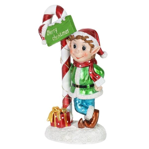 Exhart Hand Painted Led Candy Cane Elf Statuary With Merry Christmas Sign On A Battery Powered Timer 10 5 Inches Overstock 32151557