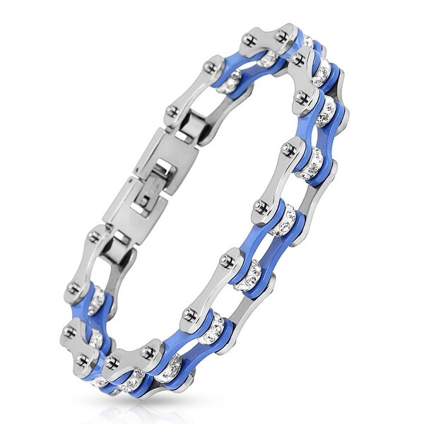 Motorcycle Chain with Blue Inner Plate Clear Gem Link 316L Stainless Steel Biker Bracelet (13.4 mm) - 9 in