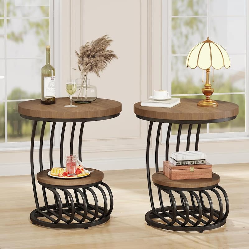 2 Tiers Round End Table with Storage Shelf - 2PCS - Light Brown