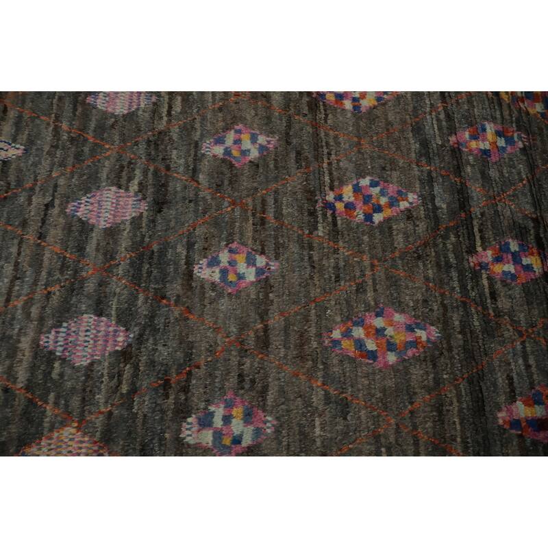 Hand Knotted Oriental 100% Wool Carpet Modern Geometric Greys & Charcoal Moroccan Area Rug - 12' 0'' X 9' 5''