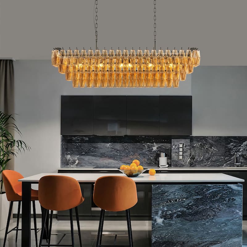 Anmytek 54" Black 12-Light Smoke Glass Chandelier Modern Farmhouse Lighting for Dining Room Kitchen Island