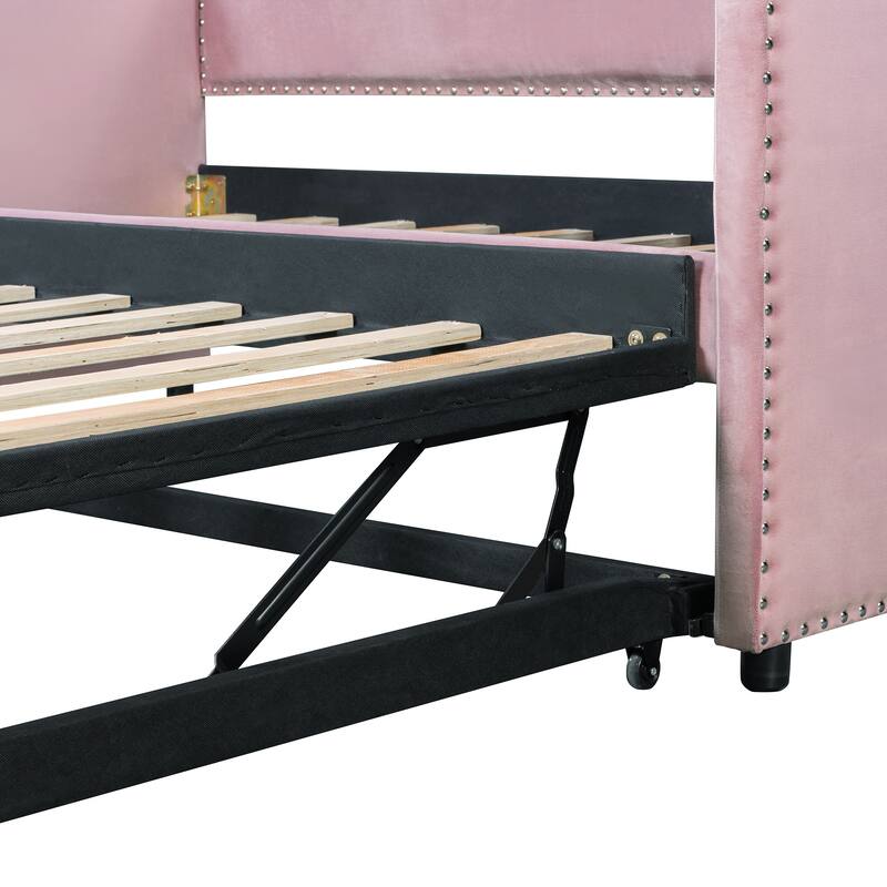 Twin Velvet Upholstered Daybed with Pop-Up Trundle Bed, Luxurious Convertible Sleeper