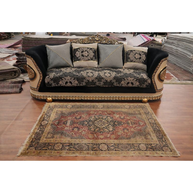 Hand Knotted Traditional Silk Orange Geometric Area Rug - 5' 9'' X 4' 2''