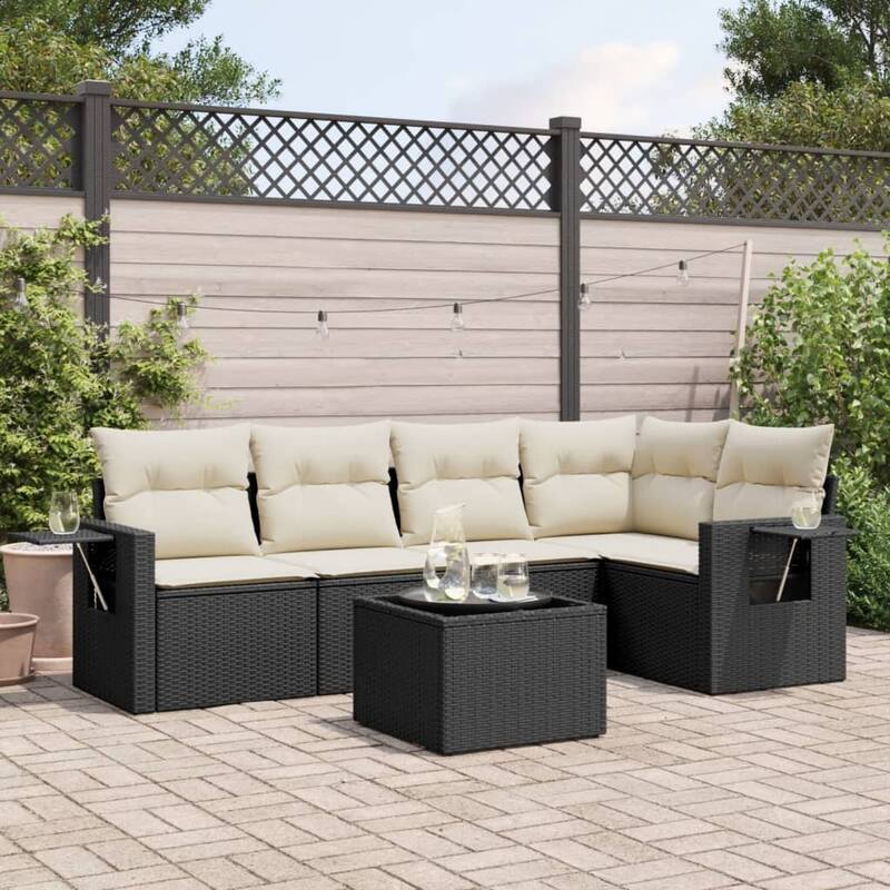 vidaXL Garden Sofa Set Black - Black and cream 6 Piece Set With table