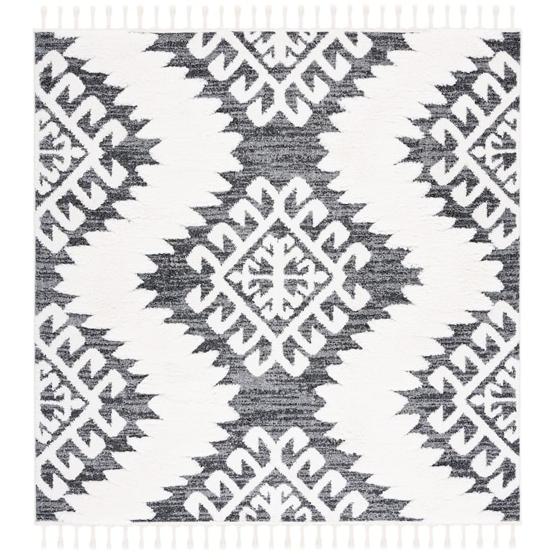 SAFAVIEH Moroccan Tassel Shag Berneice Boho Tribal 2-inch Thick - 3' Square - Dark Grey/Ivory