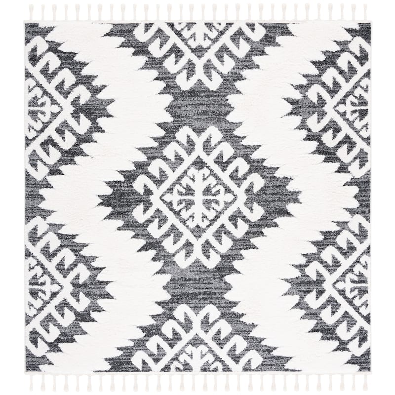 SAFAVIEH Moroccan Tassel Shag Iulieana Boho Tribal 2-inch Thick Rug - 3' x 3' Square - Dark Grey/Ivory