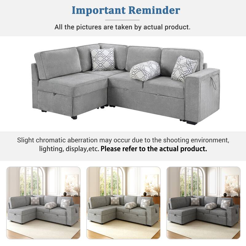Convertible Sectional Sofa Bed with Flip-Top Table, USB Ports & Cup Holder, Chenille L-Shaped Sofa with Dual Pull-Out Sleepers