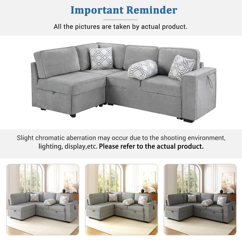 Roomfitters Convertible L-Shaped Sectional Sofa Bed with Dual Sleepers, Flip-Top Table, USB, Cup Holder & Storage