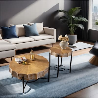 Vintage Splicing Coffee Table with Wood Top and Metal Legs (Set of 2)