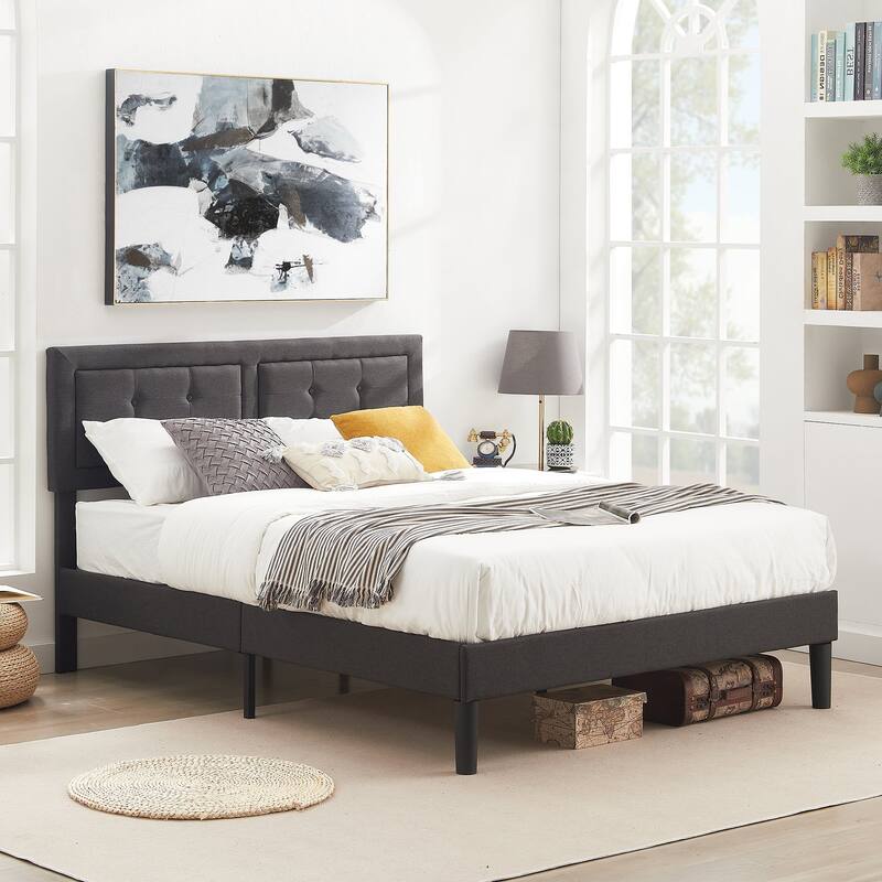 VECELO Bed Frame with Adjustable Headboard Upholstered Button Tufted Platform Bedframe with Wood Slats Support