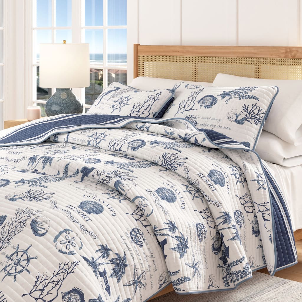 Linery & Co. Cotton Stitched Reversible Coastal 3 Piece Quilt and Sham Set