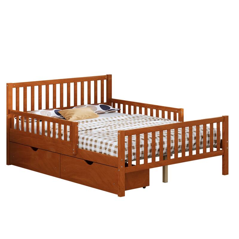 Full / Twin Walnut Wood Platform Bed with Guardrails on Both Sides and 2 Storage Drawers