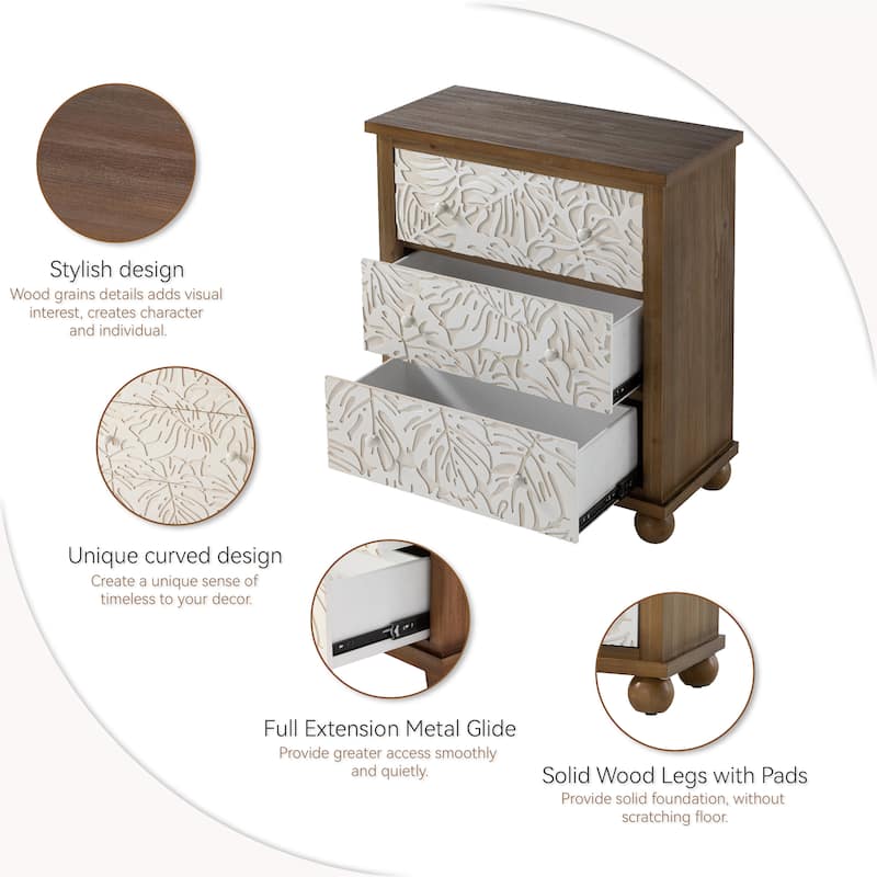 COZAYH Rustic Farmhouse 3-Drawer Nightstand with Leaves Pattern Carved, Vintage French Country Dresser Chest Accent Cabinet