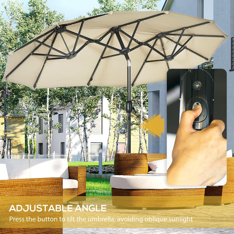 Outsunny Double-sided Patio Umbrella with Solar Lights and Sandbag Base, Outdoor Table Umbrella with Push Button Tilt, Crank