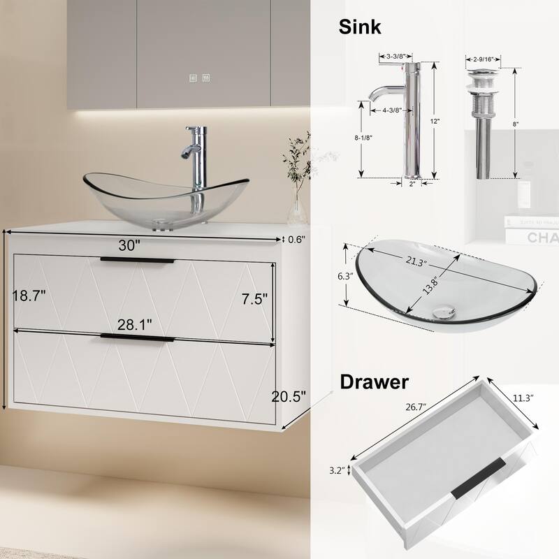 Modern Wall Mounted Bathroom Vanity Set with Vessel Sink & Faucet