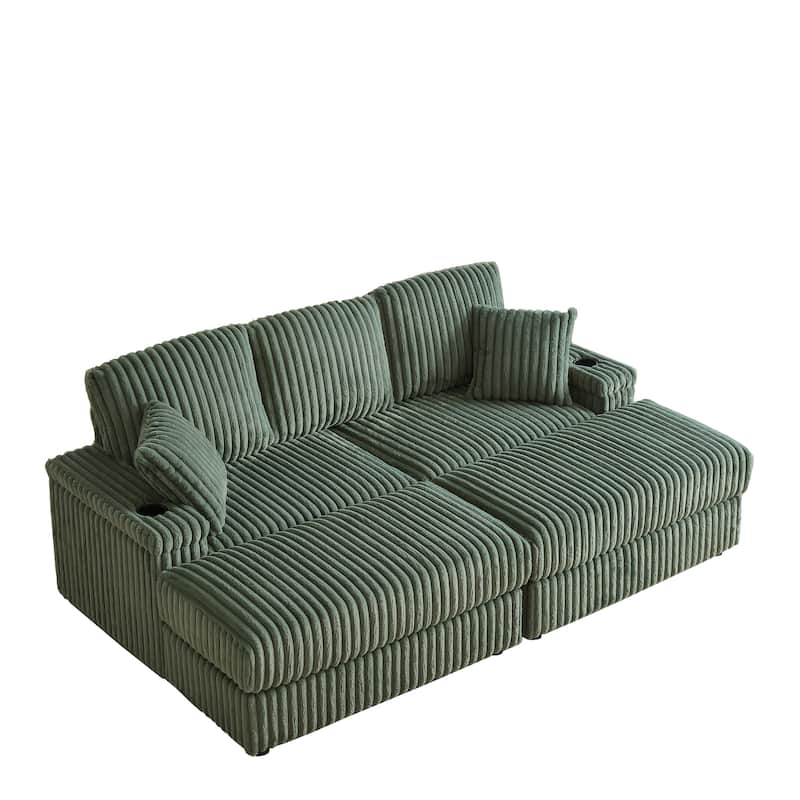 Anmytek 84 Inch Corduroy 3-Seater Comfy Deep Seat Sofa for Living Room with Storage Cup Holders Ottomans and Pillows