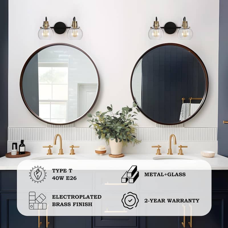 Modern 2-Light Black Gold Bathroom Vanity Light Wall Sconce with Clear Glass - 14.5" L x 8" W x 8.5" H