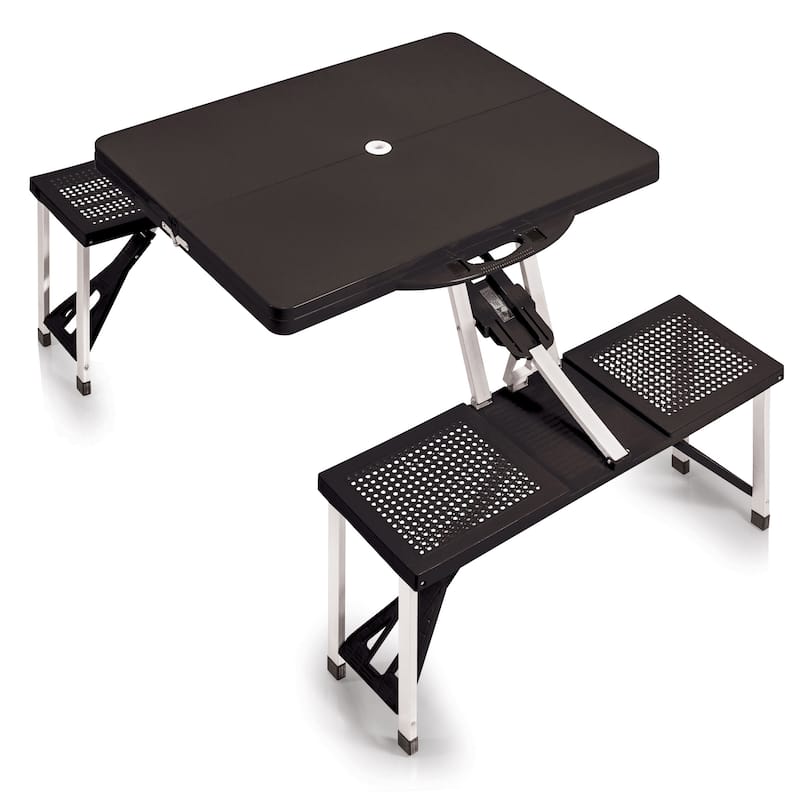 Picnic Time Black Portable Folding Table with Seats - N/A