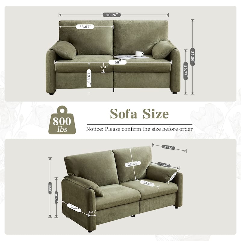 71.28" Chenille 2-Seater Sofa, Cloud-Like Comfort with High-Resilience Sponge, Modern Minimalist Design