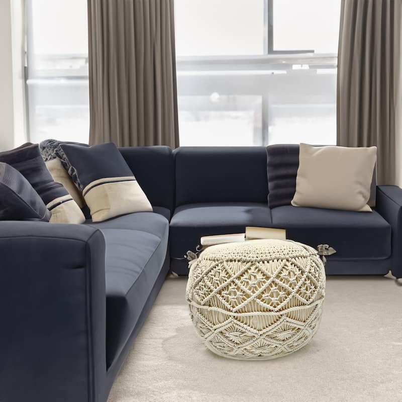 18" Solid Cream Macrame Round Handmade Natural Cotton Pouf Ottoman