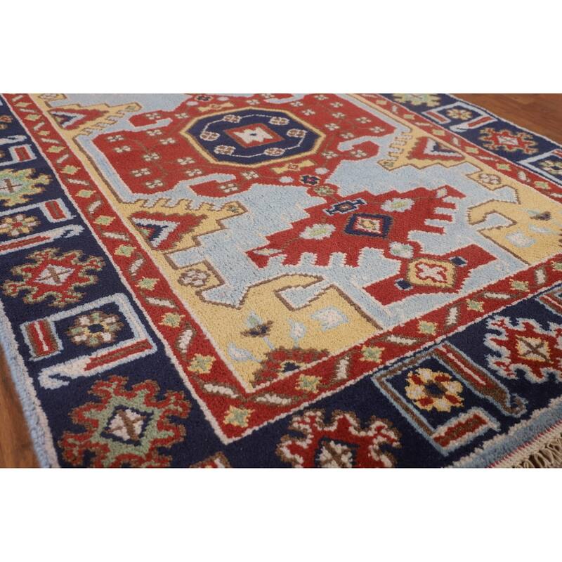 Blue Geometric Kazak Oriental Foyer Rug Handmade Wool Carpet - 4'0"x 5'10"