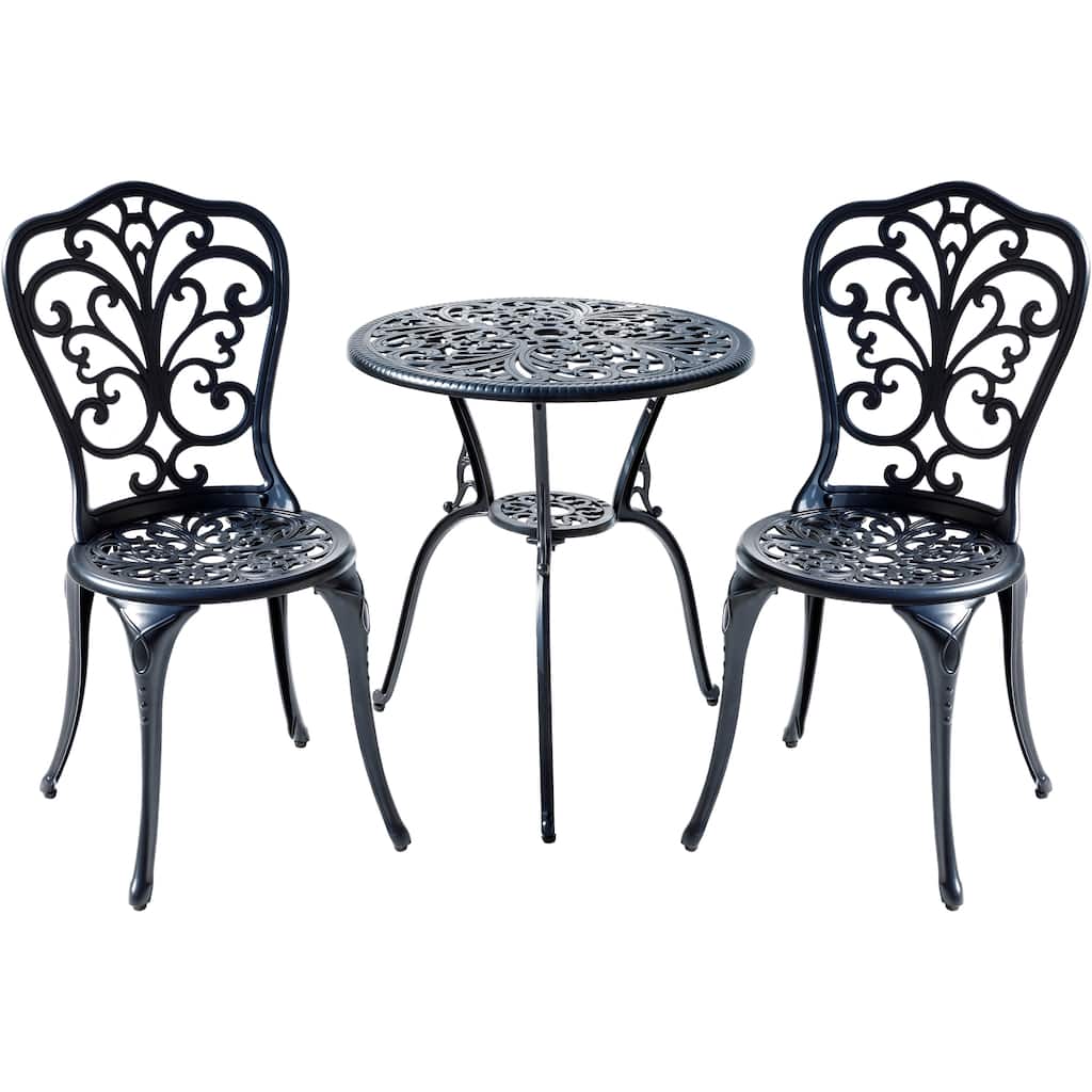 3-Piece Cast Aluminum Scrollwork Outdoor Bistro Set with LED Lights - 35" - Black