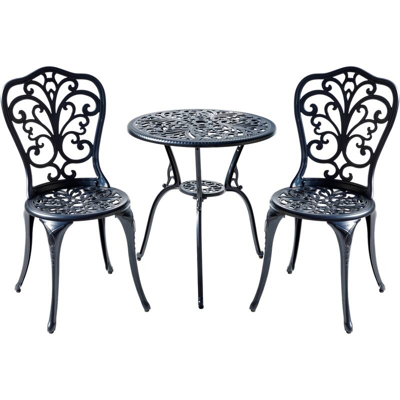 3-Piece Cast Aluminum Scrollwork Outdoor Bistro Set with LED Lights - 35" - Black