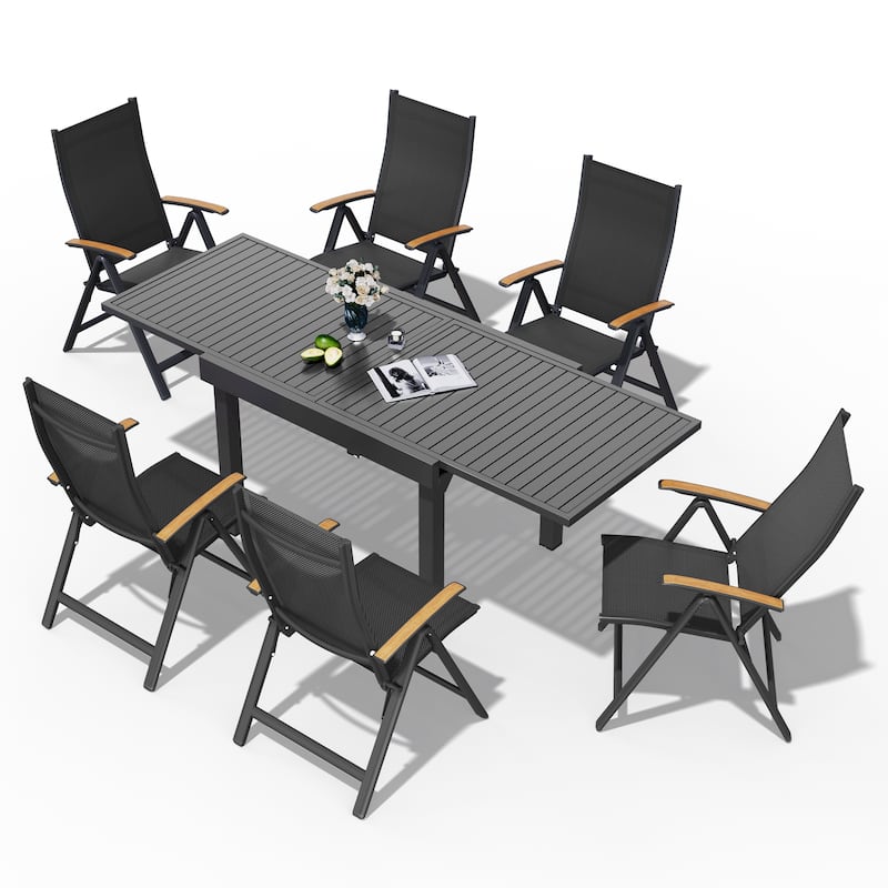 5/7/11PC Outdoor Aluminum Expandable Rectangle Patio Dining Table with Folding Chairs