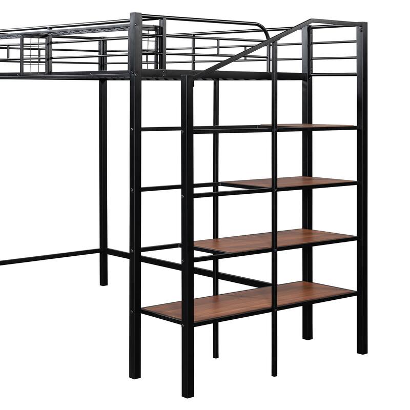Twin Size Metal Loft Bed with Storage Shelf and Ladder, Black