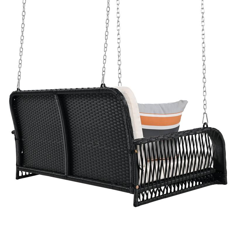 2-Person Outdoor Wicker Porch Swing with Cushions and Colorful Pillows
